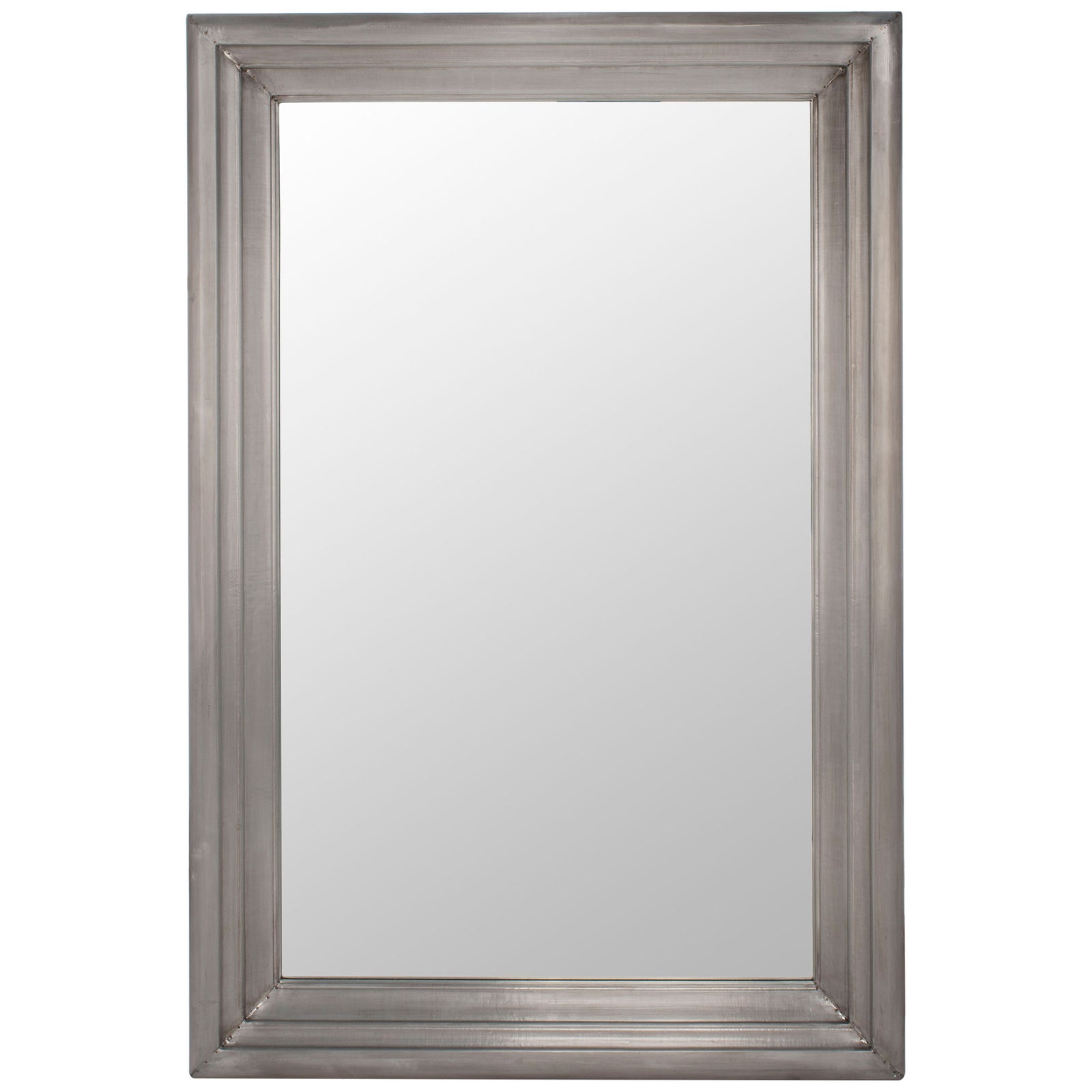 A tall rectangular mirror pairs a reflective surface with a broad, layered silver frame. || CMI2001B || front_studio