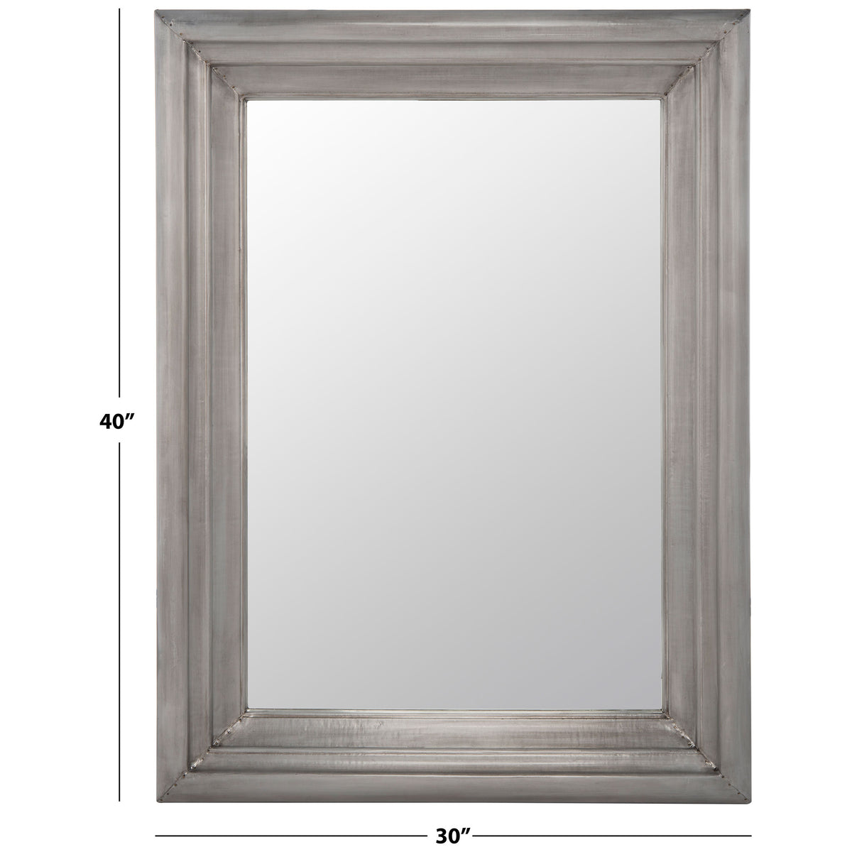 A 30-inch-wide, 40-inch-high mirror brings reflective depth within a broad silver frame. || CMI2002B || dimension_studio