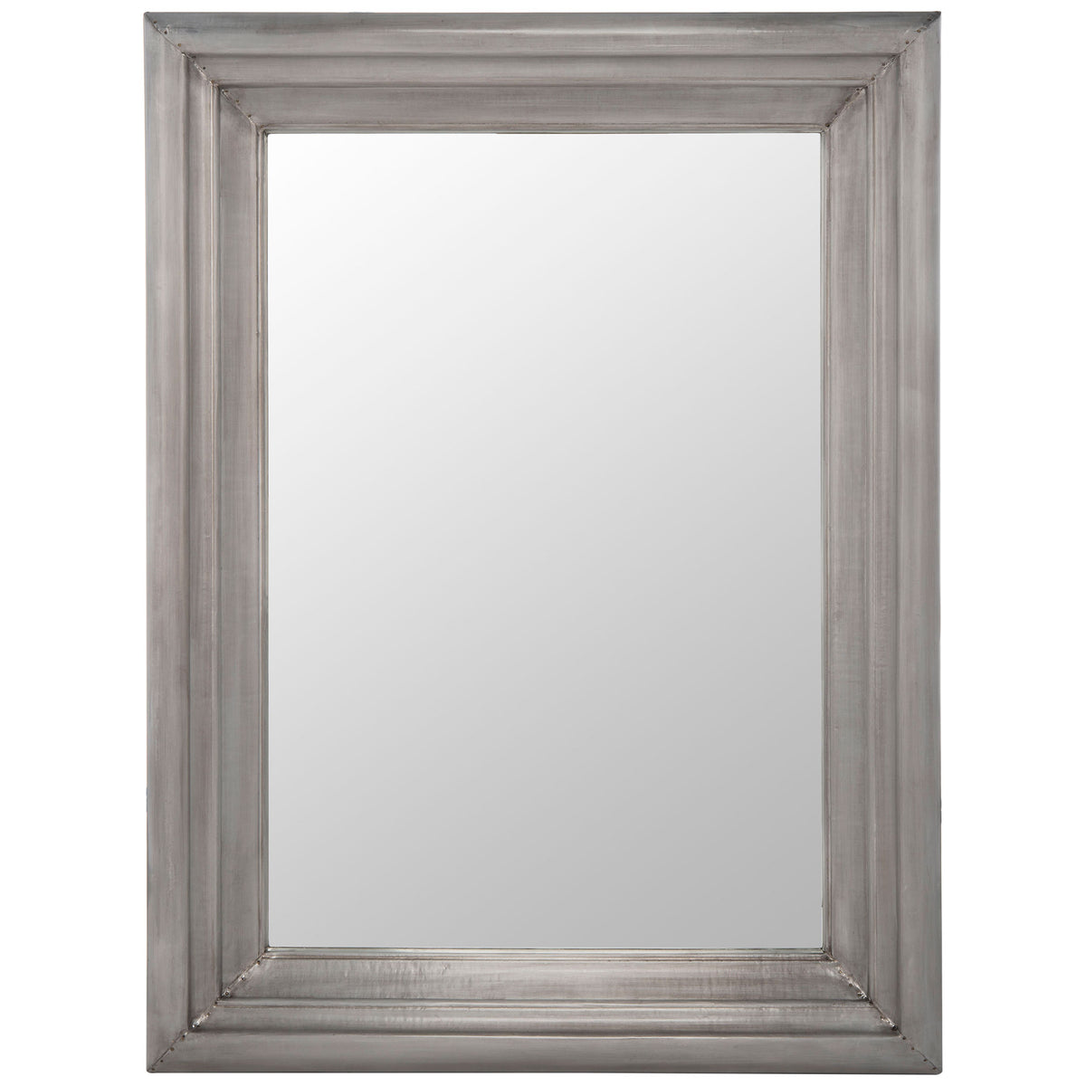 A compact rectangular mirror with a broad, stepped silver frame and softly brushed finish. || CMI2002B || front_studio