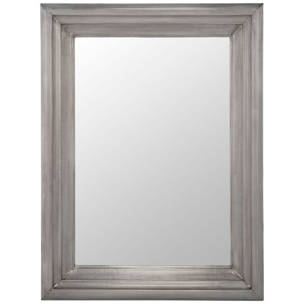 A compact rectangular mirror with a broad, stepped silver frame and softly brushed finish. || CMI2002B || front_studio