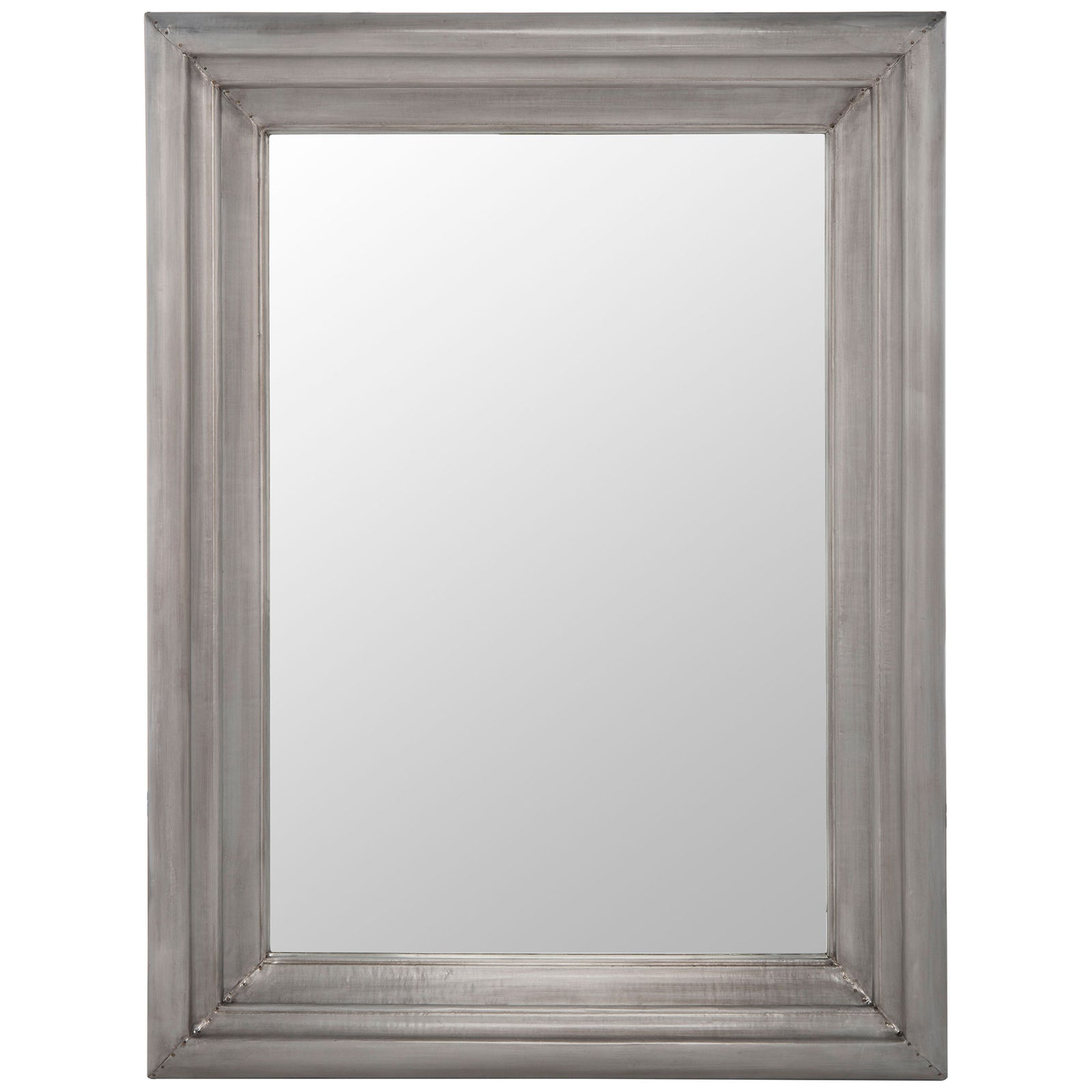 A compact rectangular mirror with a broad, stepped silver frame and softly brushed finish. || CMI2002B || front_studio