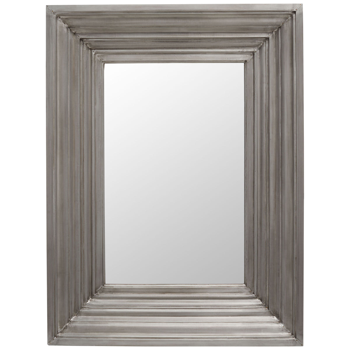 Rectangular mirror pairs reflective glass with a wide, deeply layered silver frame. || CMI2004B || front_studio