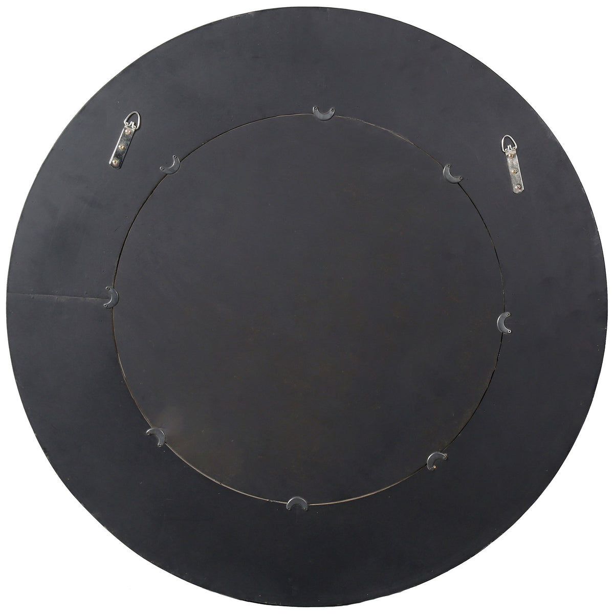 Two metal hanging hooks sit on the mirror's dark circular backing for wall mounting. || CMI4002A || back_studio