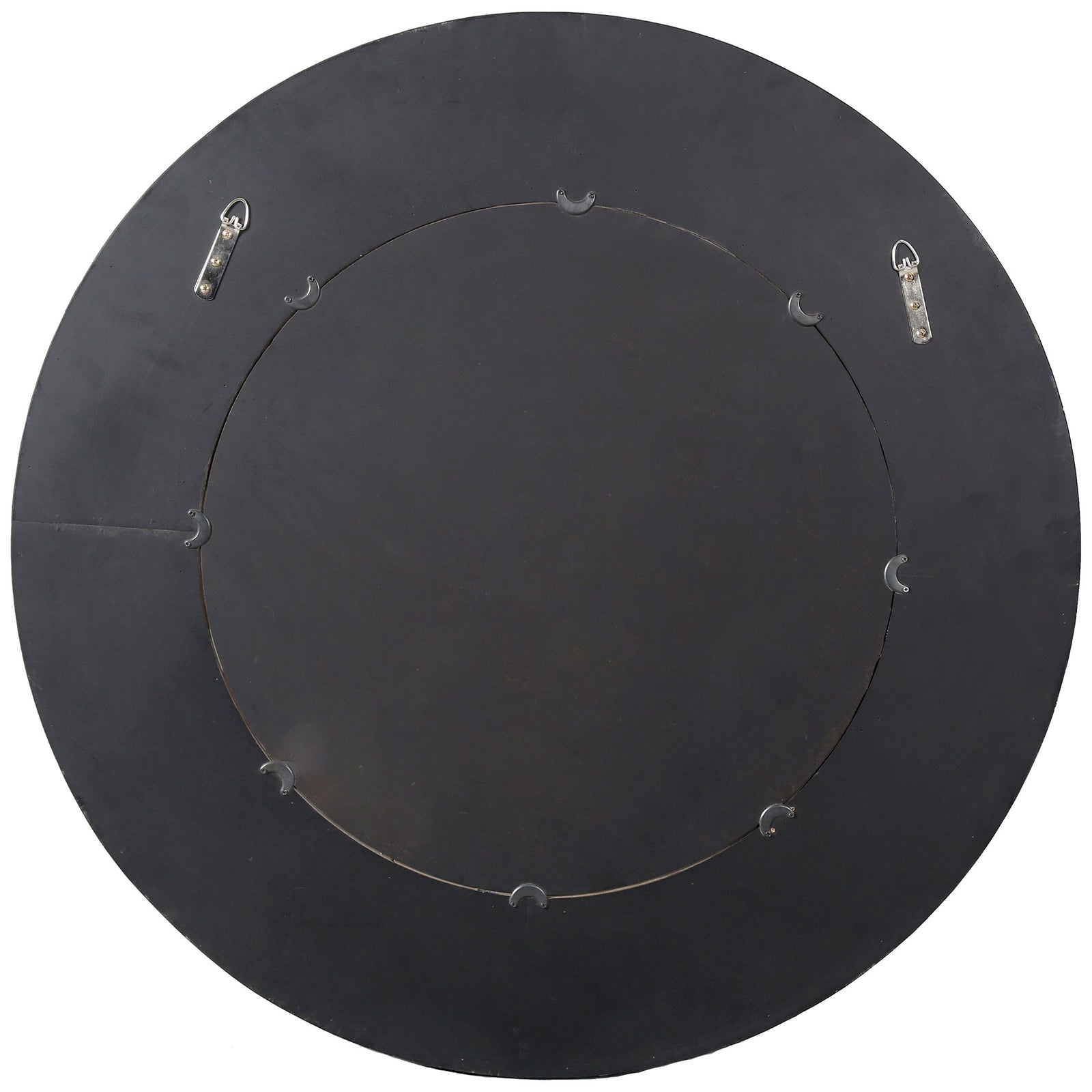 Two metal hanging hooks sit on the mirror's dark circular backing for wall mounting. || CMI4002A || back_studio