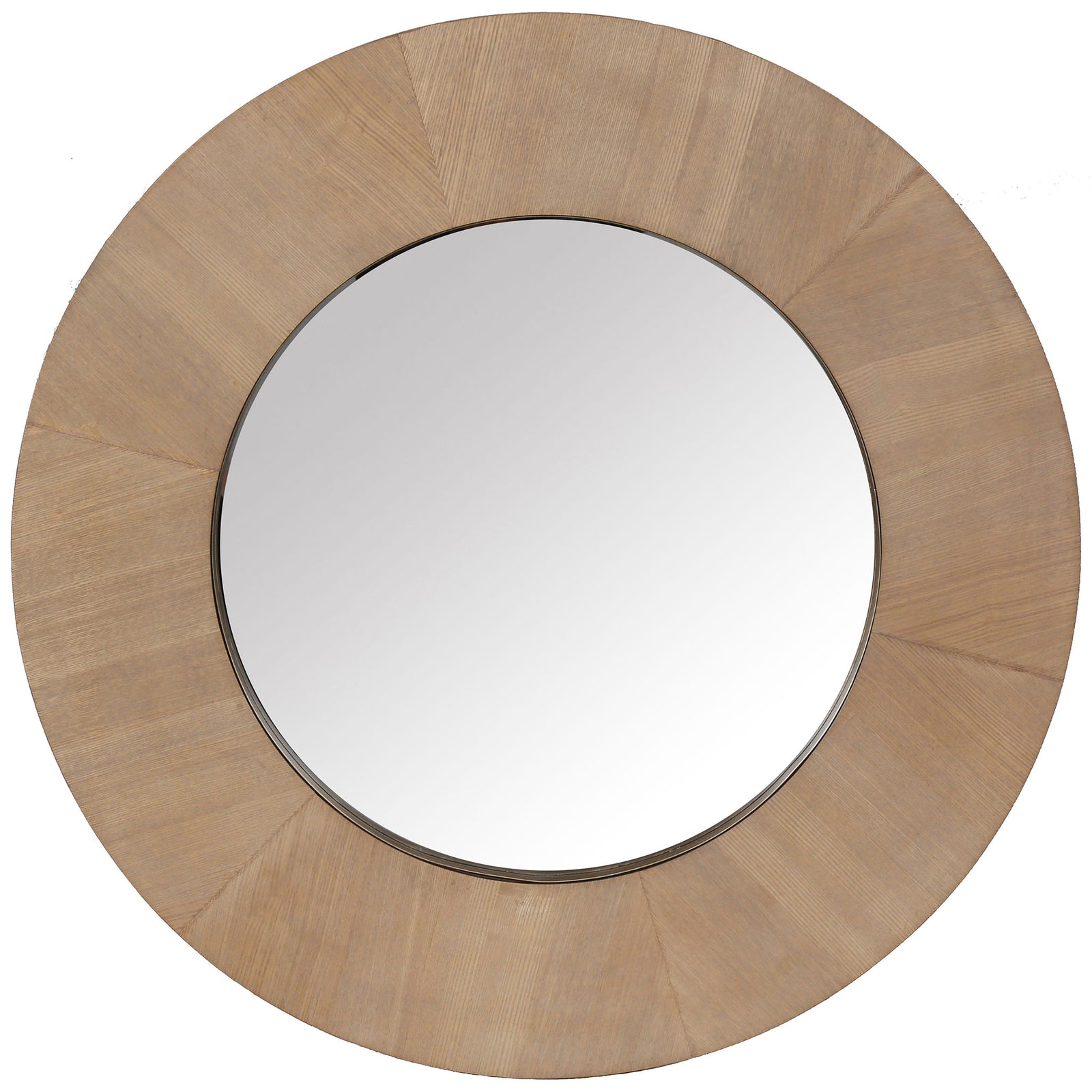 A circular mirror has a wide natural-toned veneer frame with softly radiating wood grain. || CMI4002A || front_studio