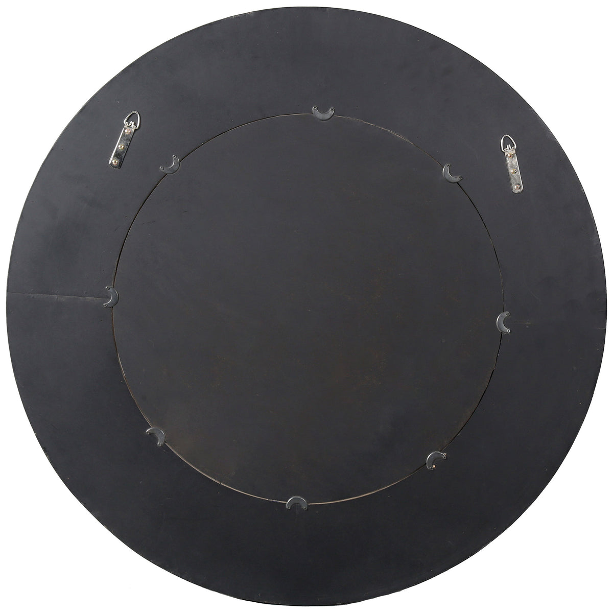 A dark circular backing comes equipped with two metal hooks for wall hanging. || CMI4002B || back_studio