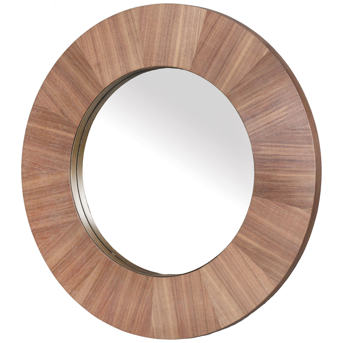 A wide walnut-toned veneer frame adds depth around a mirror with a slim metallic inner edge.