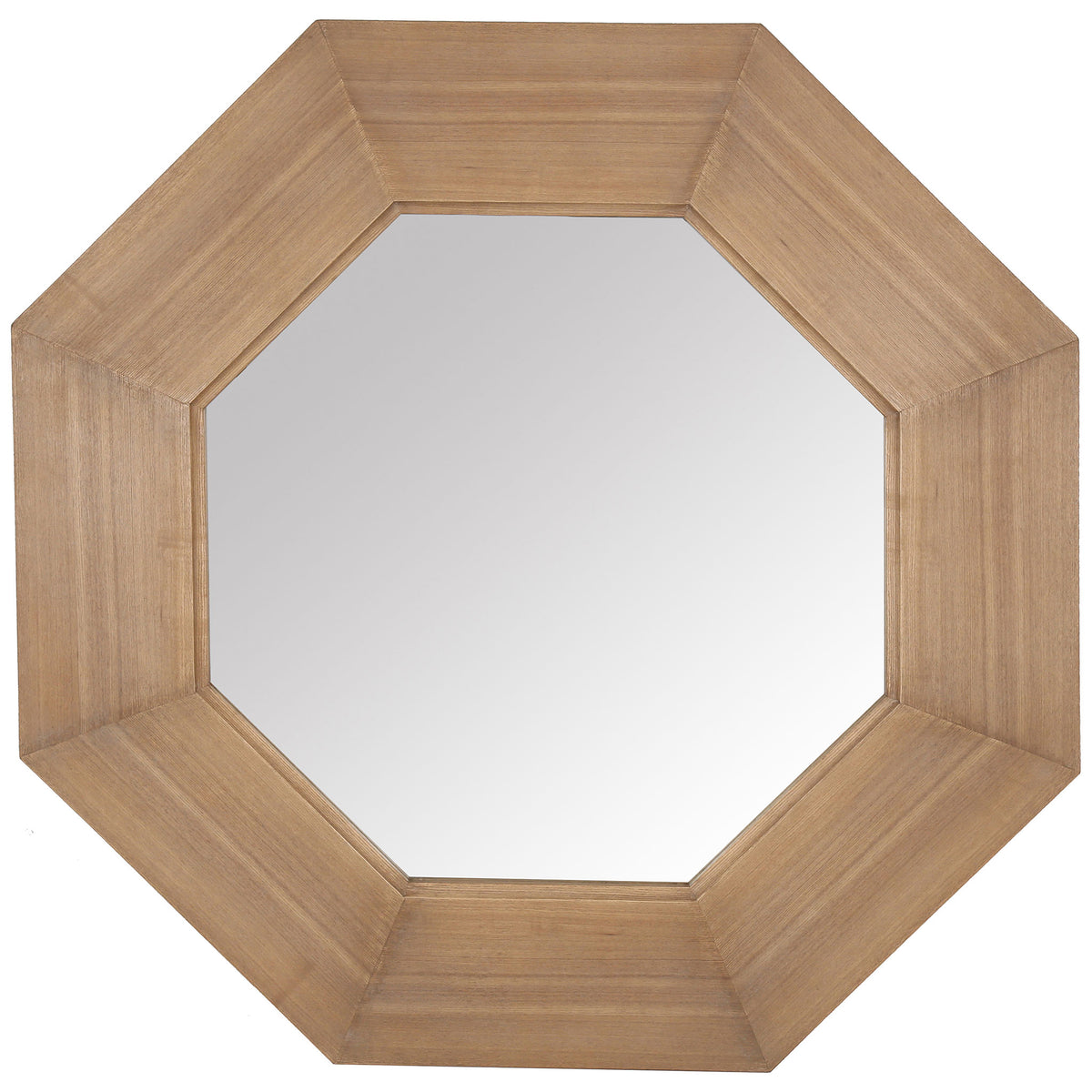 A broad natural wood-tone frame surrounds an octagonal mirror with geometric appeal || CMI4003A || front_studio