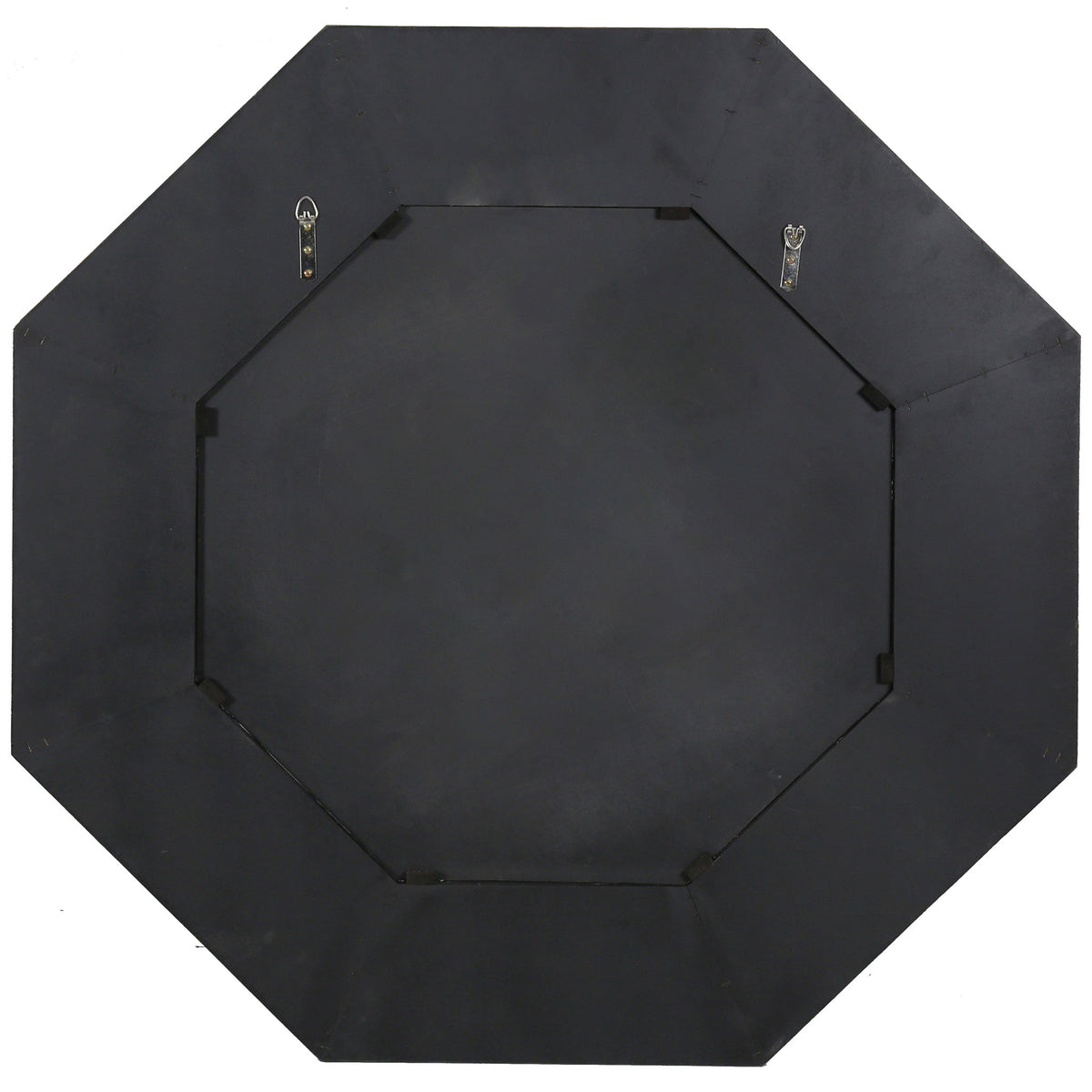 Dark octagonal backing and paired metal hangers support the walnut-toned mirror || CMI4003B || back_studio