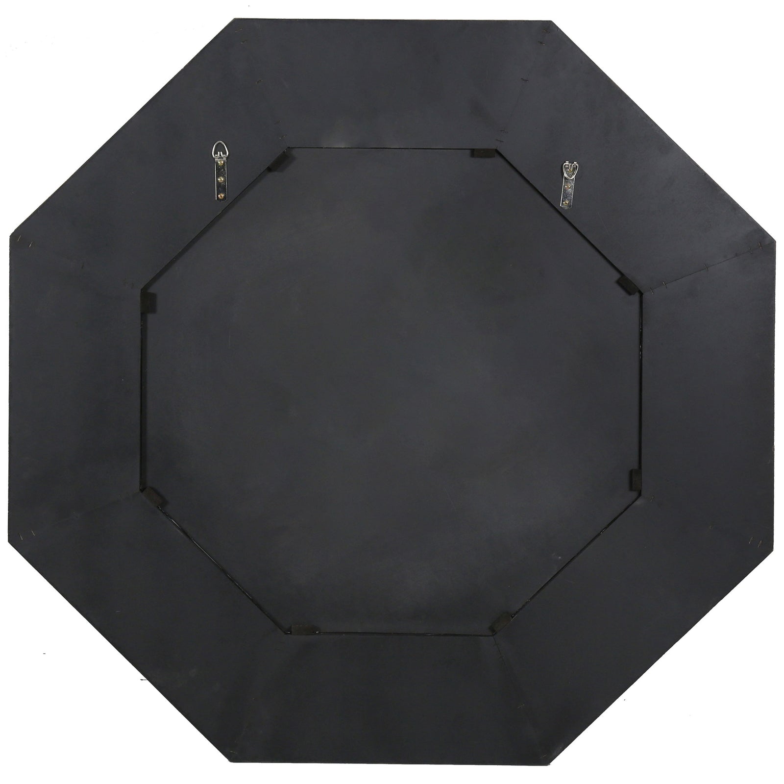 Dark octagonal backing and paired metal hangers support the walnut-toned mirror || CMI4003B || back_studio