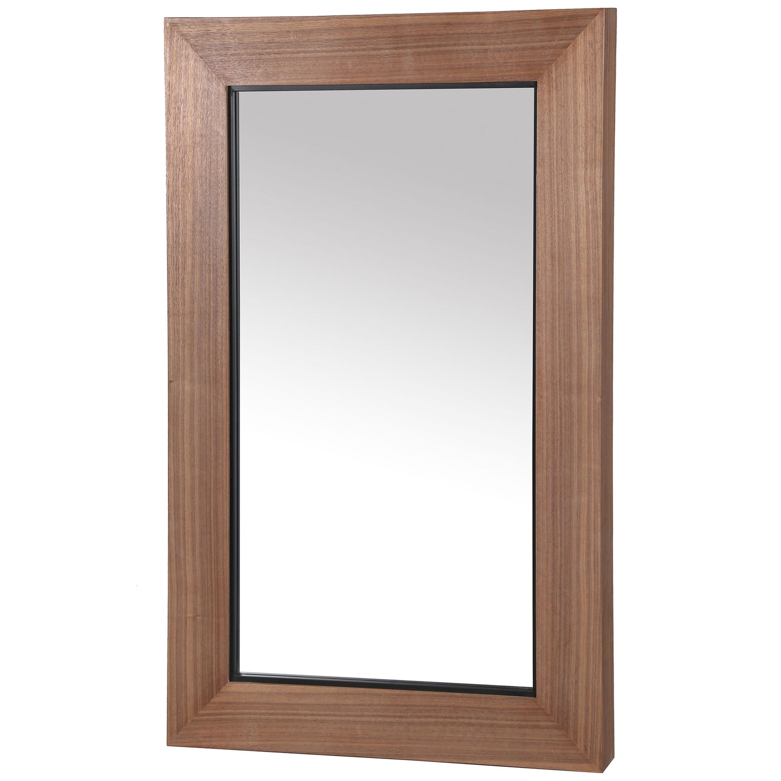 Warm wood-grain framing adds depth to a mirror edged with contrasting black trim || CMI4004B || front_angle_studio