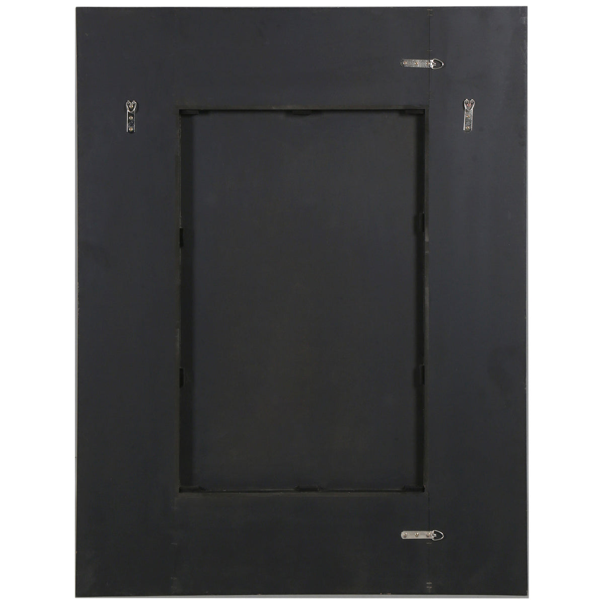 Metal hanging hooks on a dark backing offer flexible wall placement for this natural wood mirror || CMI4005A || back_studio
