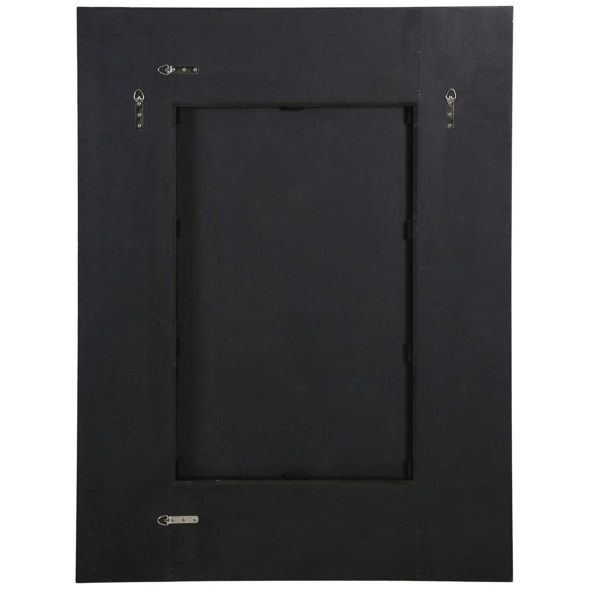Four metal hanging hooks offer flexible wall placement for this black wood-framed mirror || CMI4005C || back_studio