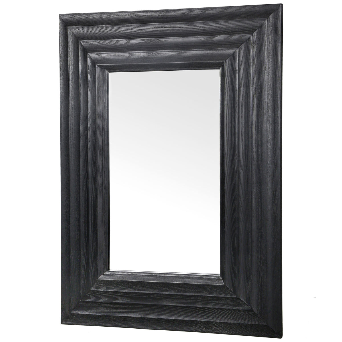 Thick, tiered black wood molding brings sculptural depth to the rectangular mirror || CMI4005C || front_angle_studio
