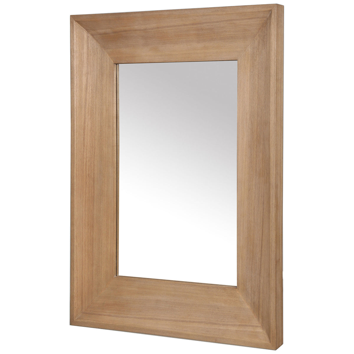 A deep, natural wood-grain frame adds sculptural dimension to the wall mirror. || CMI4006A || front_angle_studio