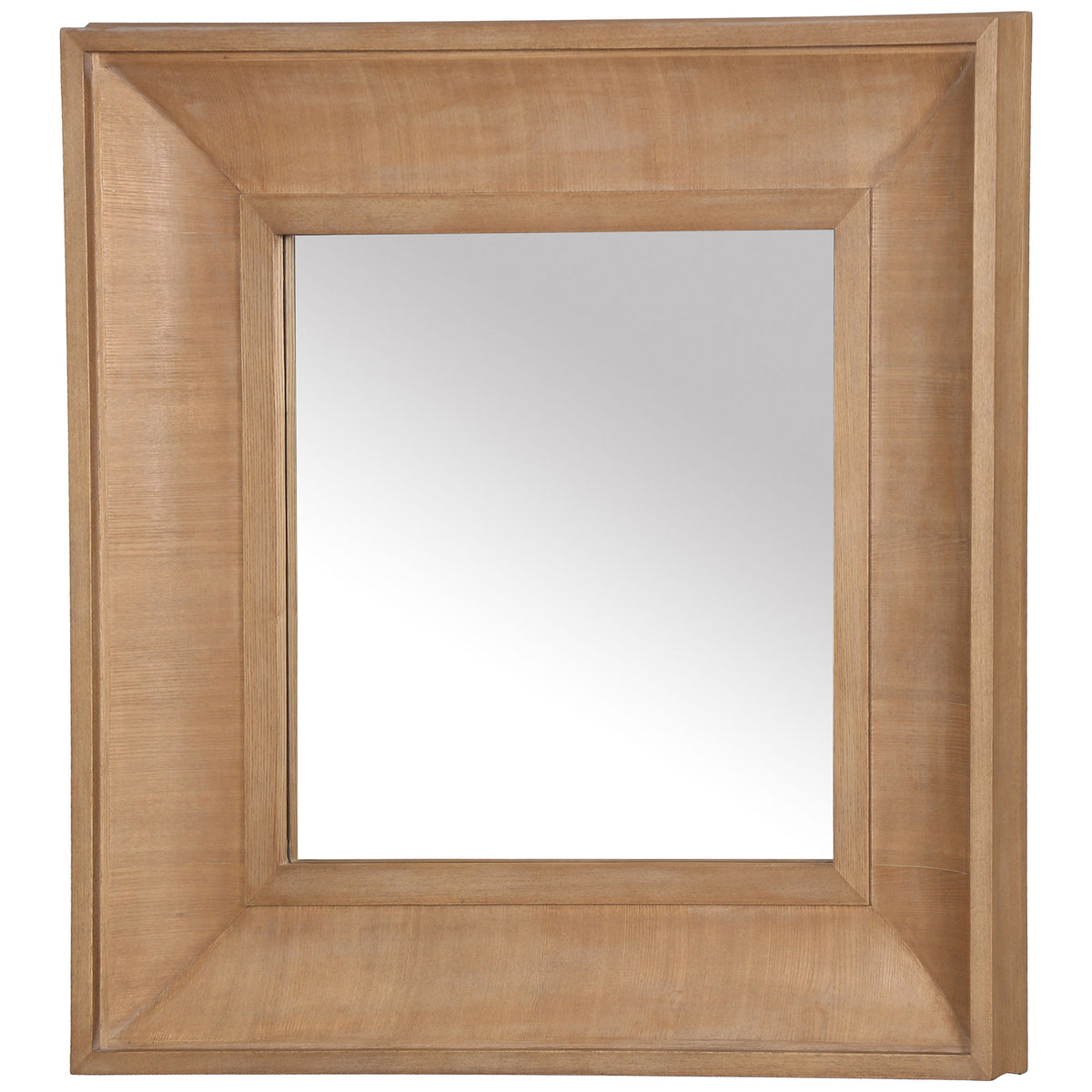 A broad, sloped natural wood frame gives the square mirror warm, sculptural appeal.