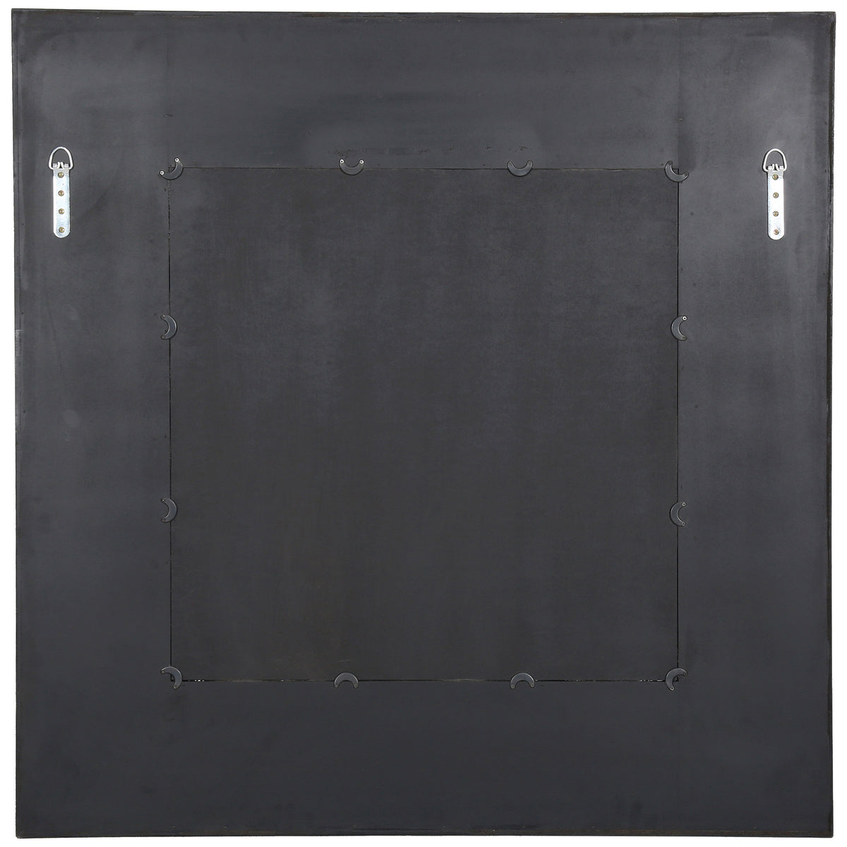 Two metal mounting brackets are fitted to the square mirror's dark backing. || CMI4007B || back_studio