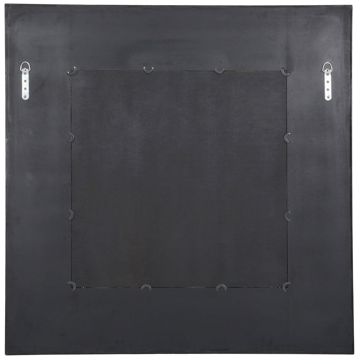 Two silver-toned hanging brackets sit on the square mirror's black backing. || CMI4007C || back_studio