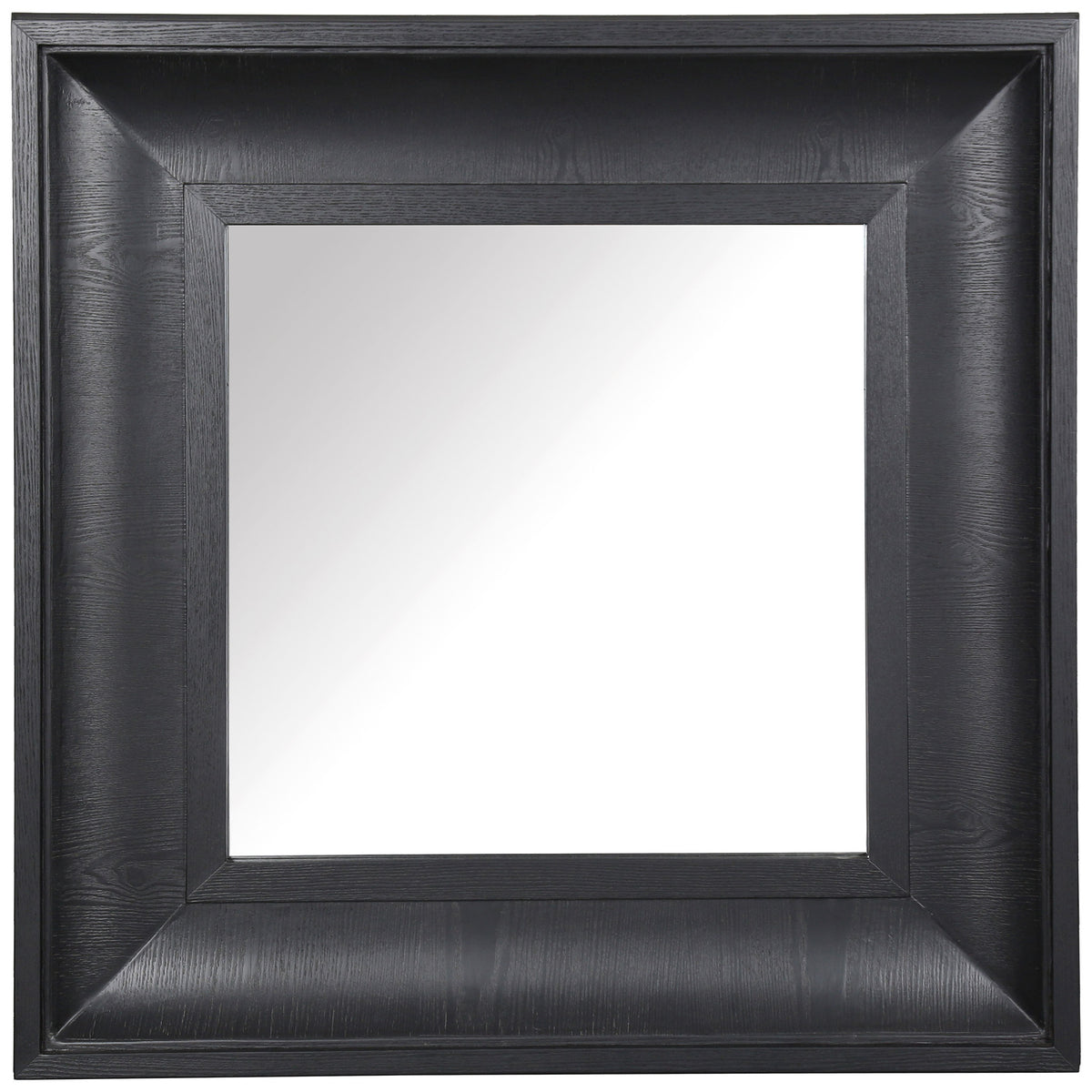 A reflective square is bordered by a bold, black wood-grain frame with sculpted bevels. || CMI4007C || front_studio