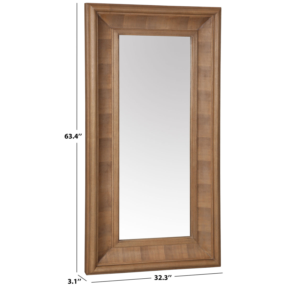 The natural wood-tone mirror measures 32.3 inches wide, 63.4 inches high, and 3.1 inches deep.