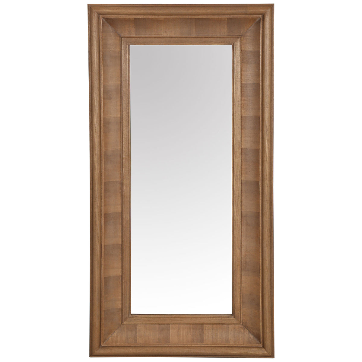A tall mirror sits within a wide natural wood-tone frame with sculpted inner molding. || CMI4008A || front_studio