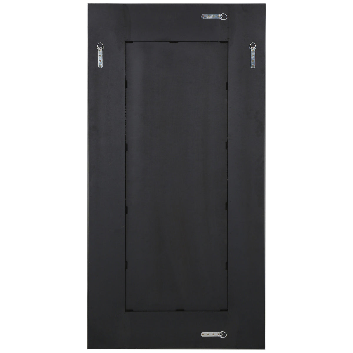 A smooth black backing holds four metal brackets for hanging the rectangular mirror. || CMI4008B || back_studio