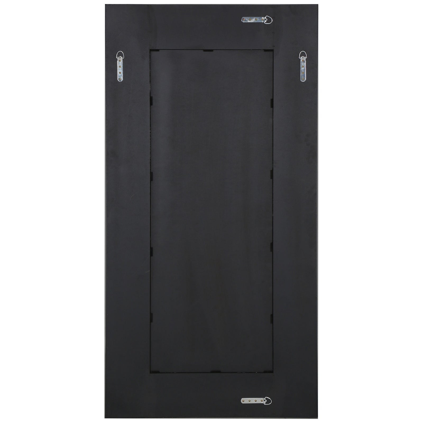 A smooth black backing holds four metal brackets for hanging the rectangular mirror. || CMI4008B || back_studio
