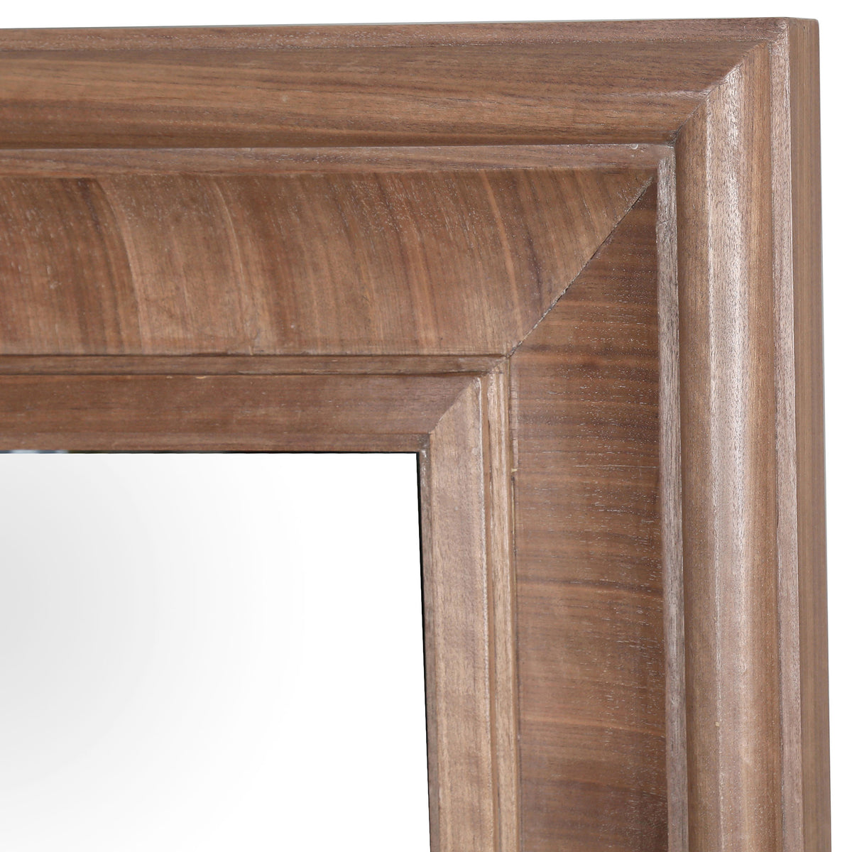 Walnut-toned veneer shows rich wood grain across the layered, mitered frame.
