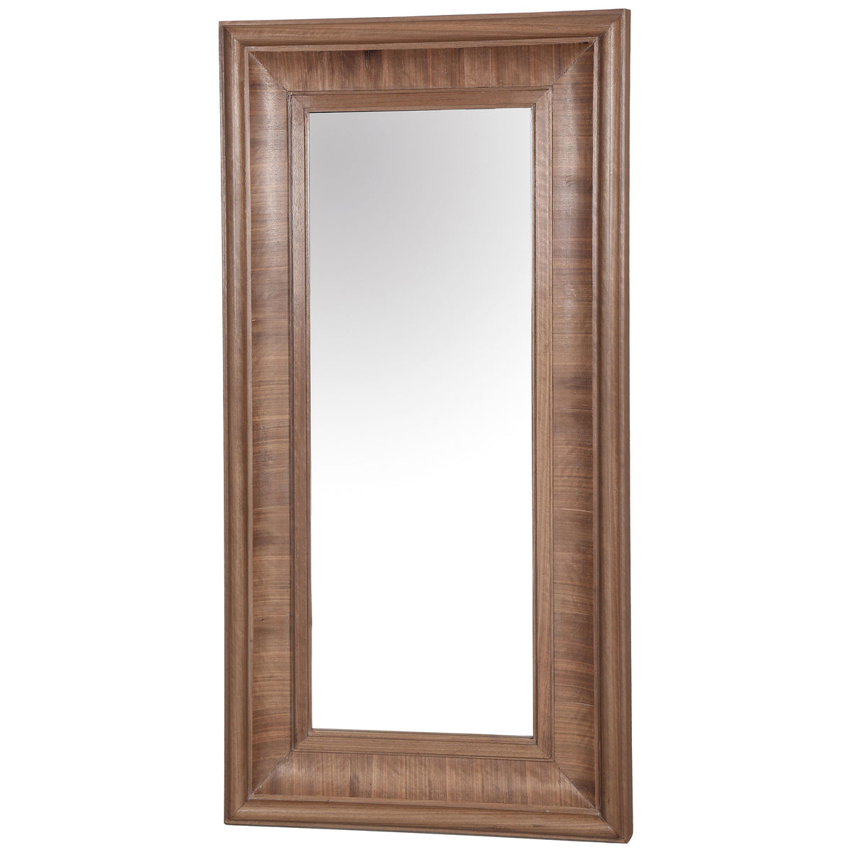 A broad, sculpted walnut-tone frame gives the tall rectangular mirror warm visual depth.