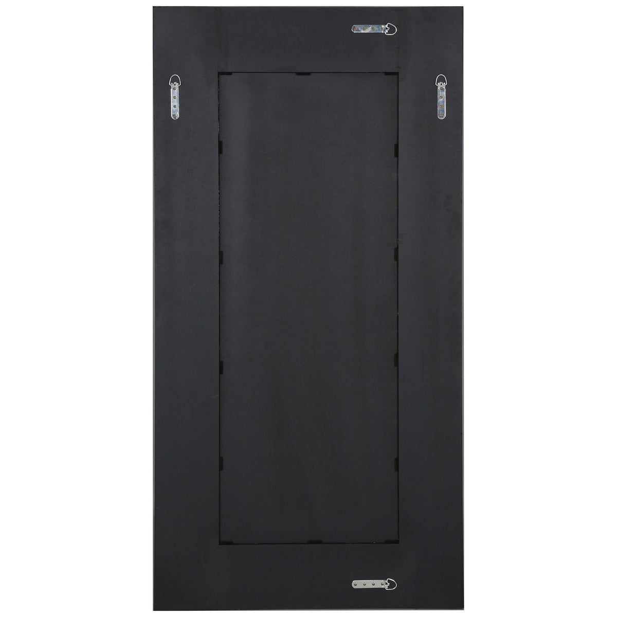 Four metal hanging brackets line the black backing of this tall rectangular mirror. || CMI4008C || back_studio