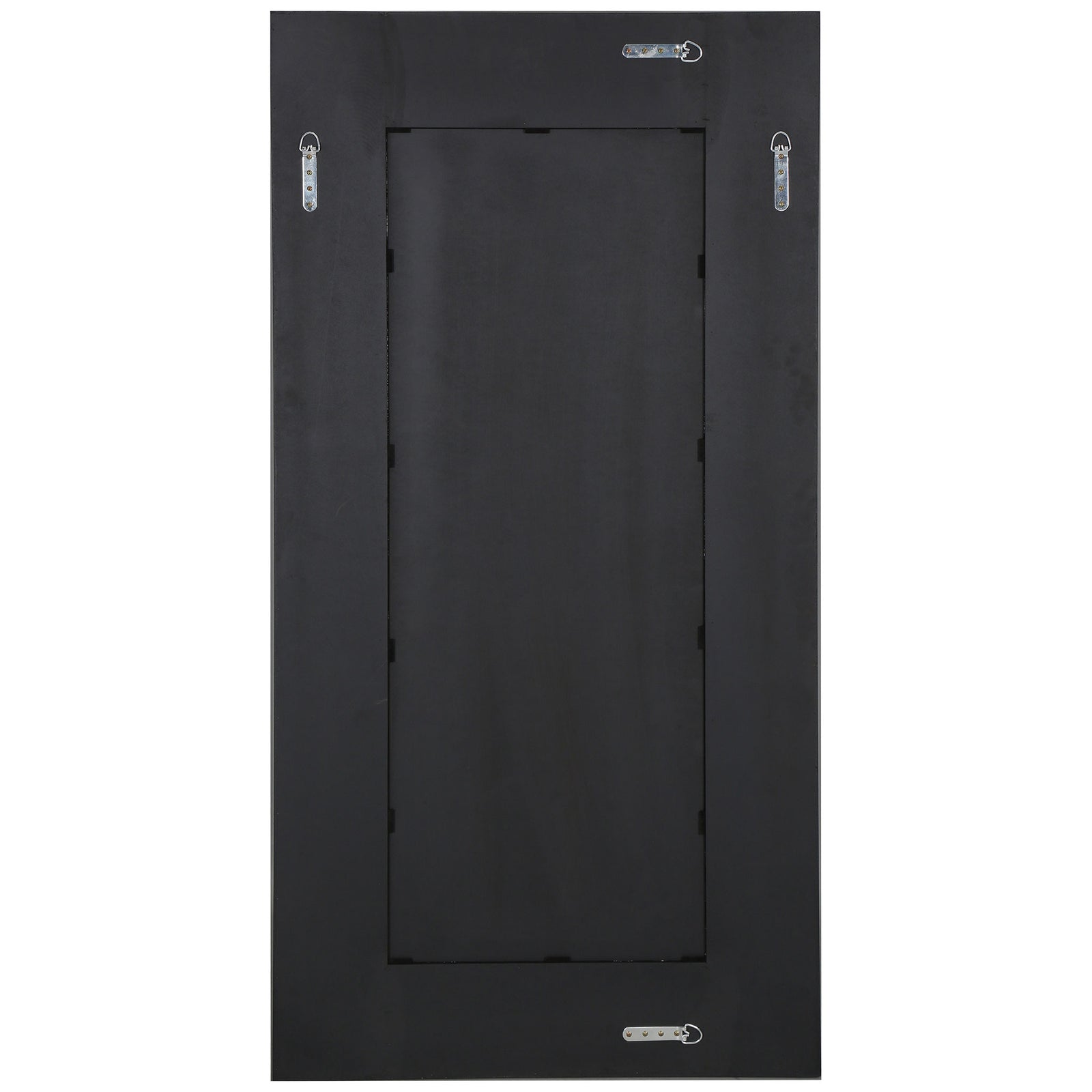 Four metal hanging brackets line the black backing of this tall rectangular mirror. || CMI4008C || back_studio