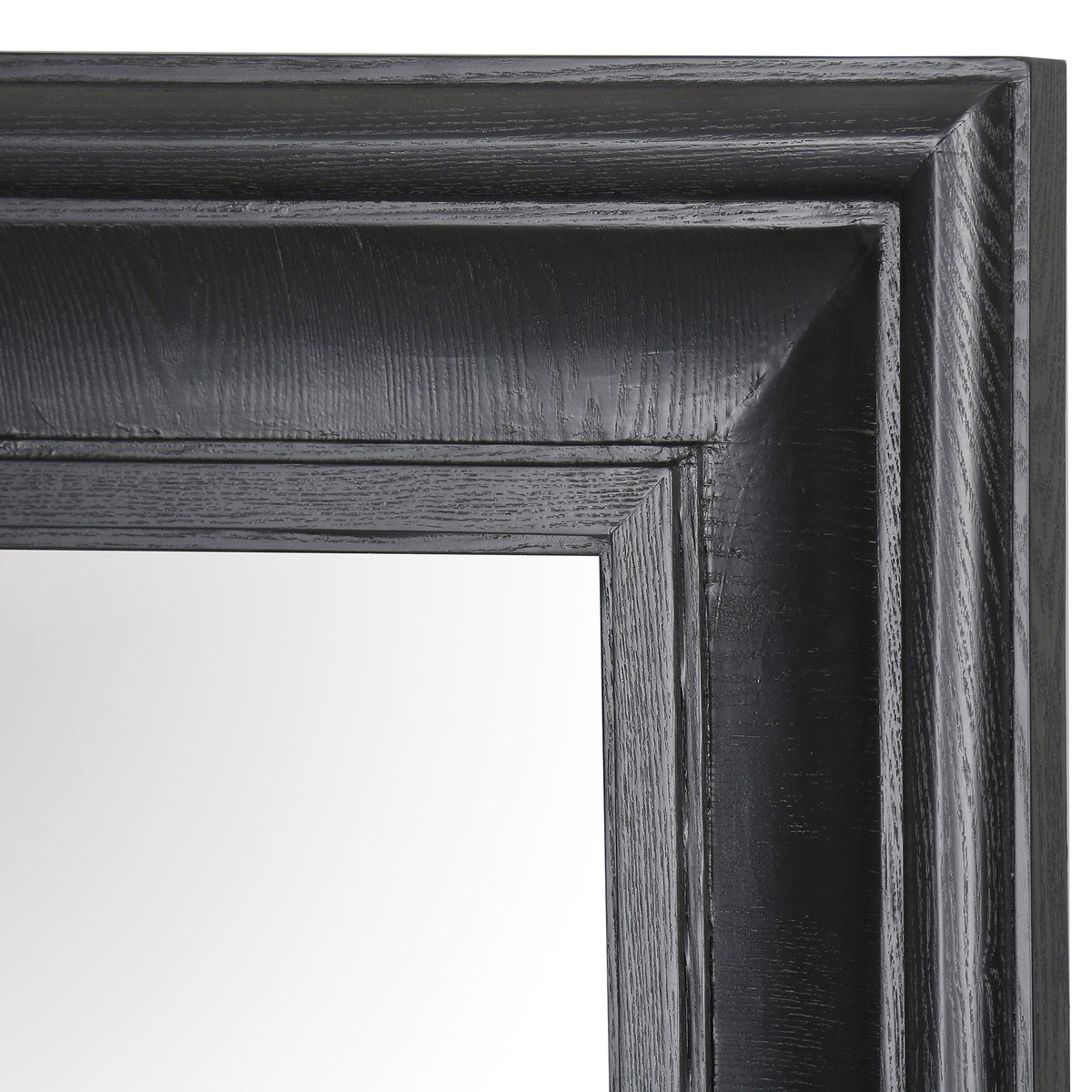 Black wood-grain texture highlights the frame's layered molding and mitered corner.
