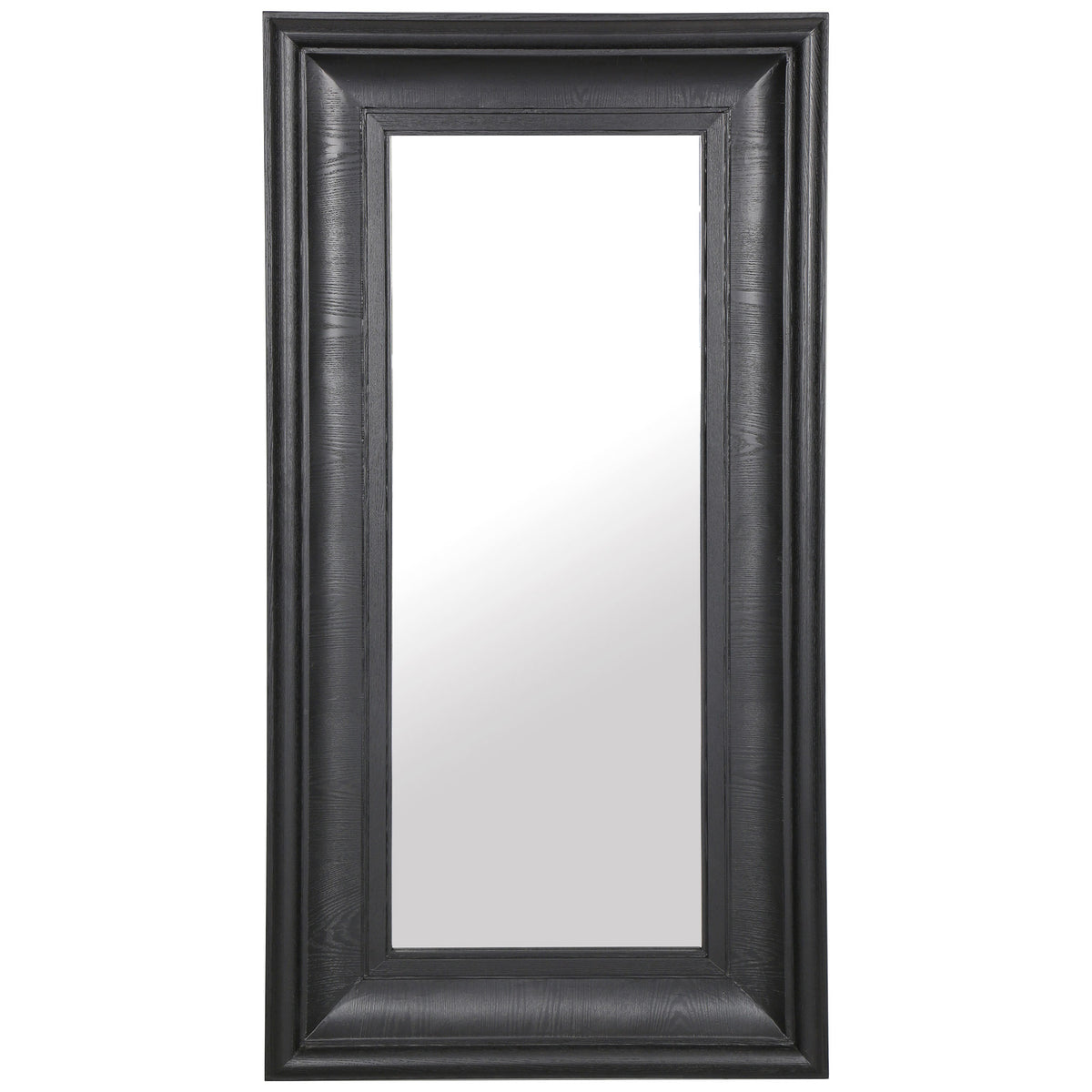 A tall rectangular mirror brings depth and contrast with its wide, sculpted black frame. || CMI4008C || front_studio