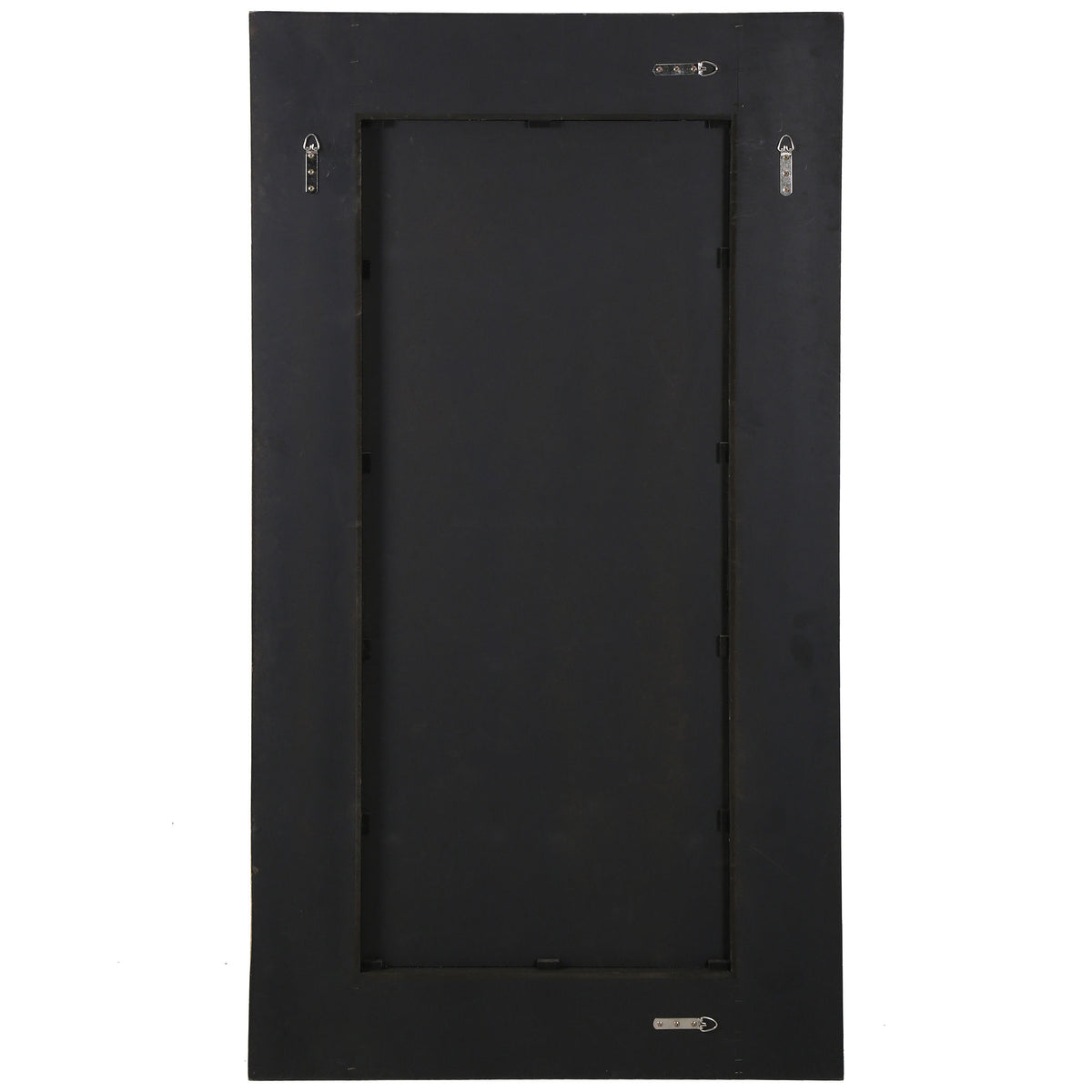 Black backing with metal hanging hooks supports this tall rectangular mirror || CMI4009B || back_studio
