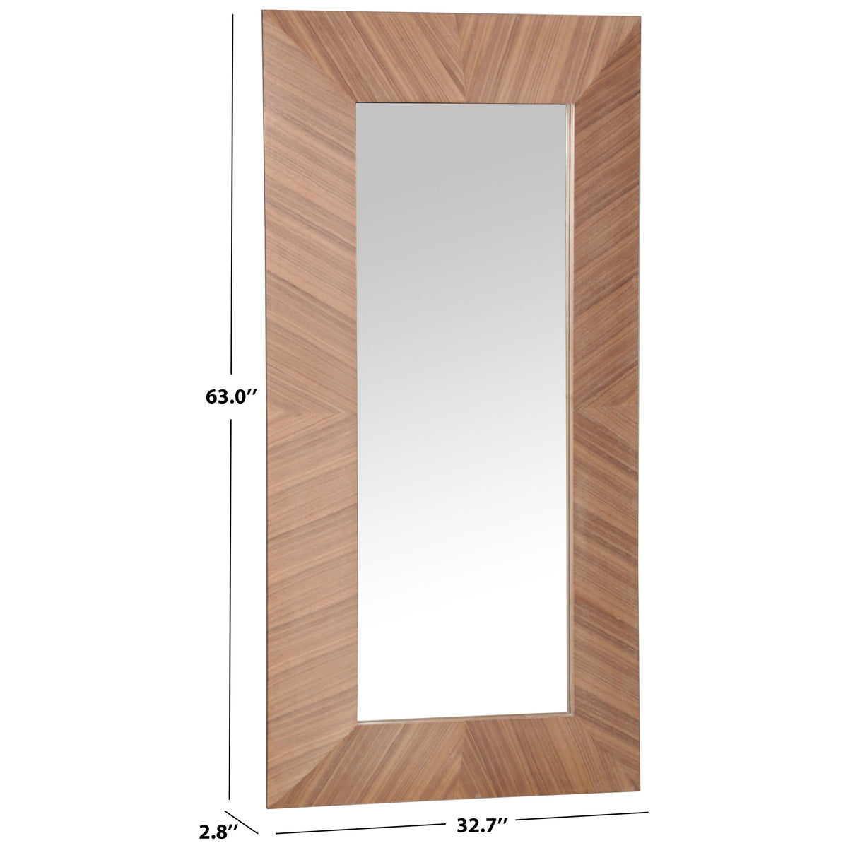 Walnut-framed mirror measures 63 inches high, 32.7 inches wide and 2.8 inches deep