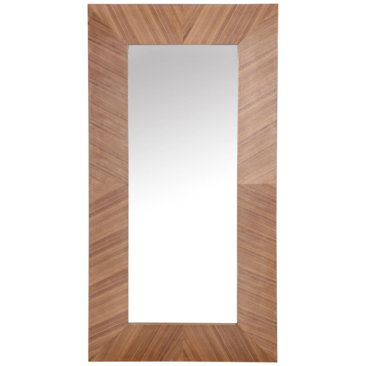 Tall rectangular mirror features a wide walnut-toned frame with radiating wood grain || CMI4009B || front_studio