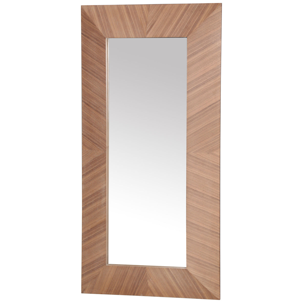 Angular walnut-toned veneer bands surround a generous reflective surface