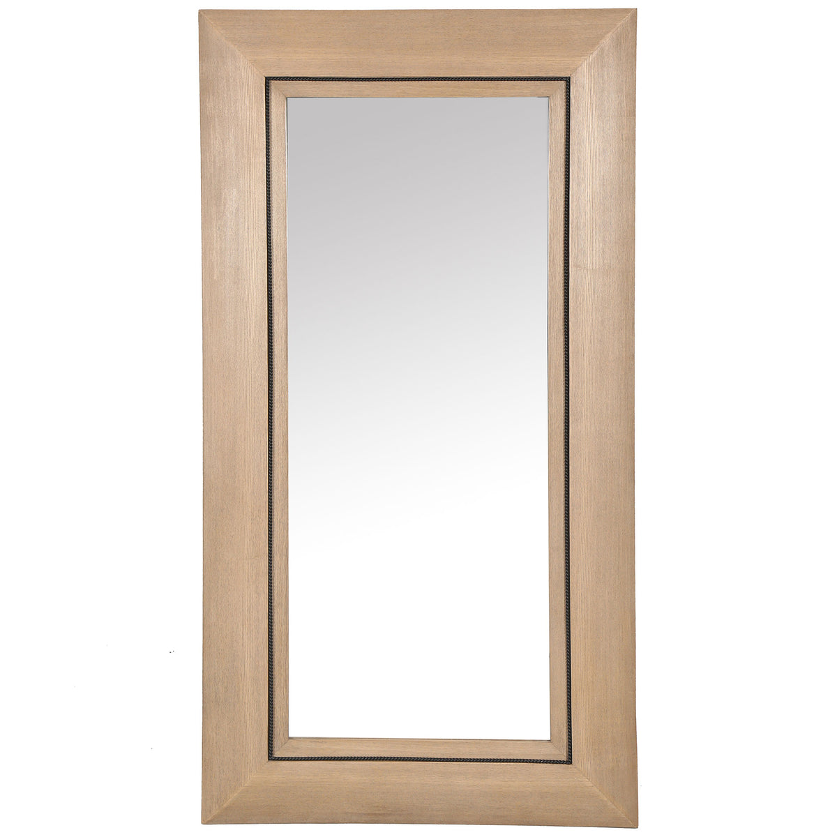 Tall rectangular mirror features a wide natural wood-grain frame and a narrow black inner border. || CMI4012A || front_studio