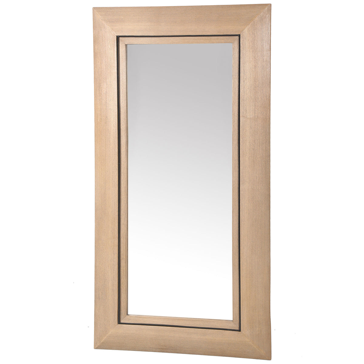 Mitered corners and a broad natural-toned frame add warmth and depth to this large mirror.