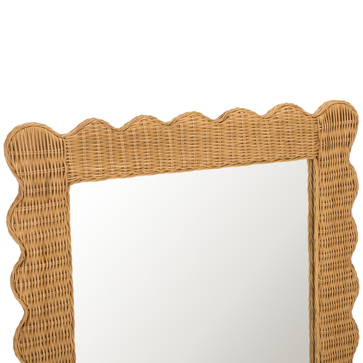 Tightly woven natural rattan gives the mirror's scalloped frame rich texture.