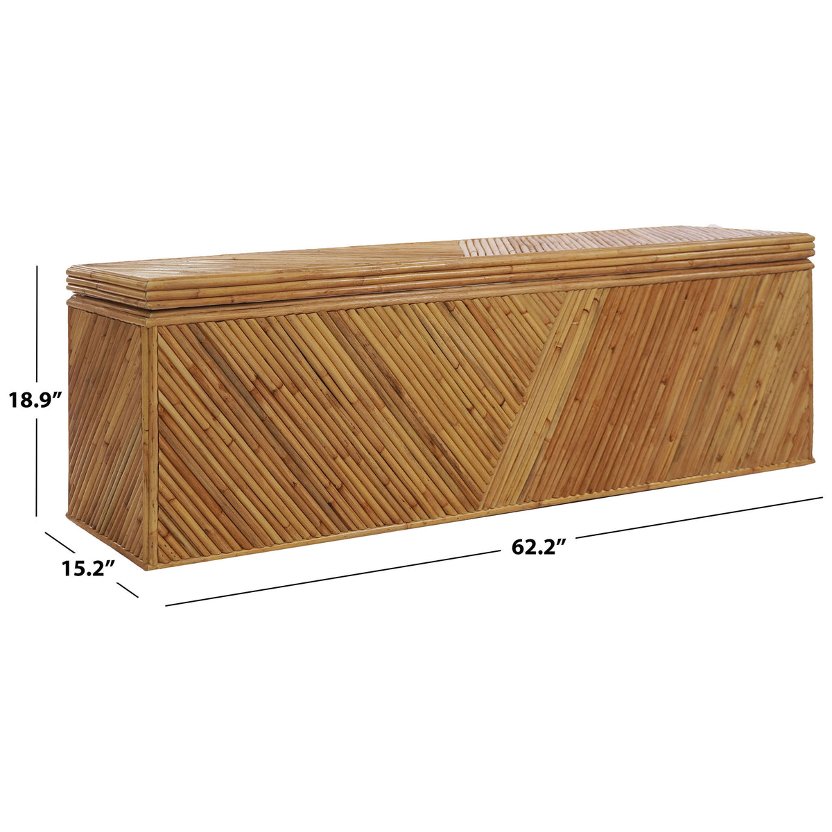 Natural rattan trunk with geometric panels measures 62.2 inches wide, 15.2 inches deep and 18.9 inches tall.