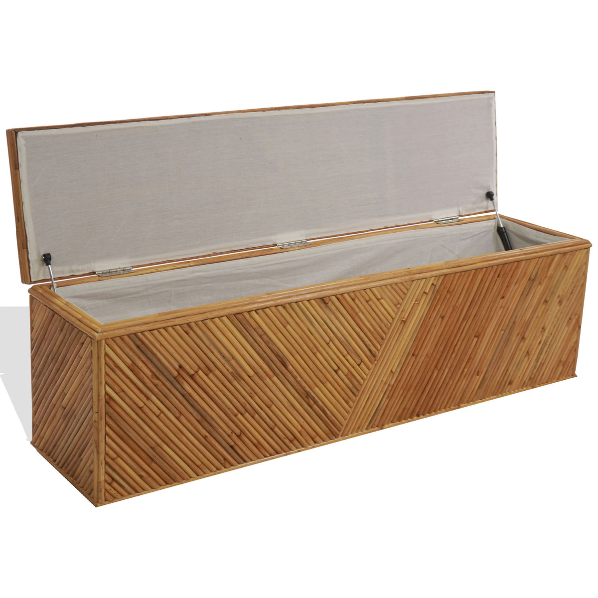 A hinged lid reveals a fabric-lined compartment inside the natural rattan storage trunk. || CWK3032A || front_angle_open_studio