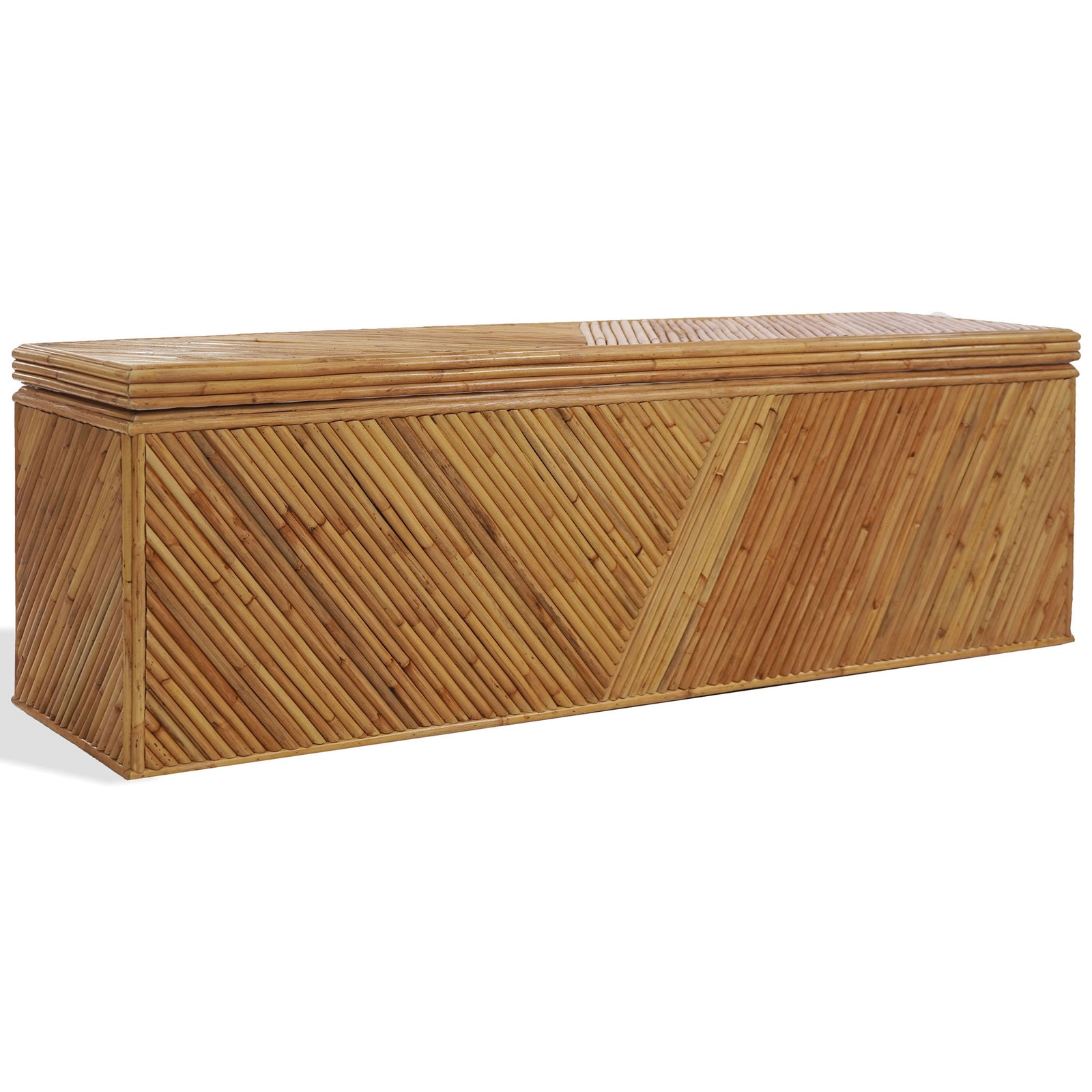 The trunk pairs a slim, layered lid with warm wood trim and contrasting diagonal rattan slats. || CWK3032A || front_angle_studio