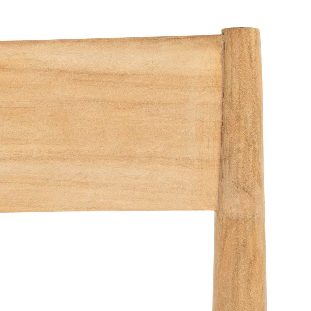 Natural teak grain adds subtle warmth to the chair's smooth wooden backrest