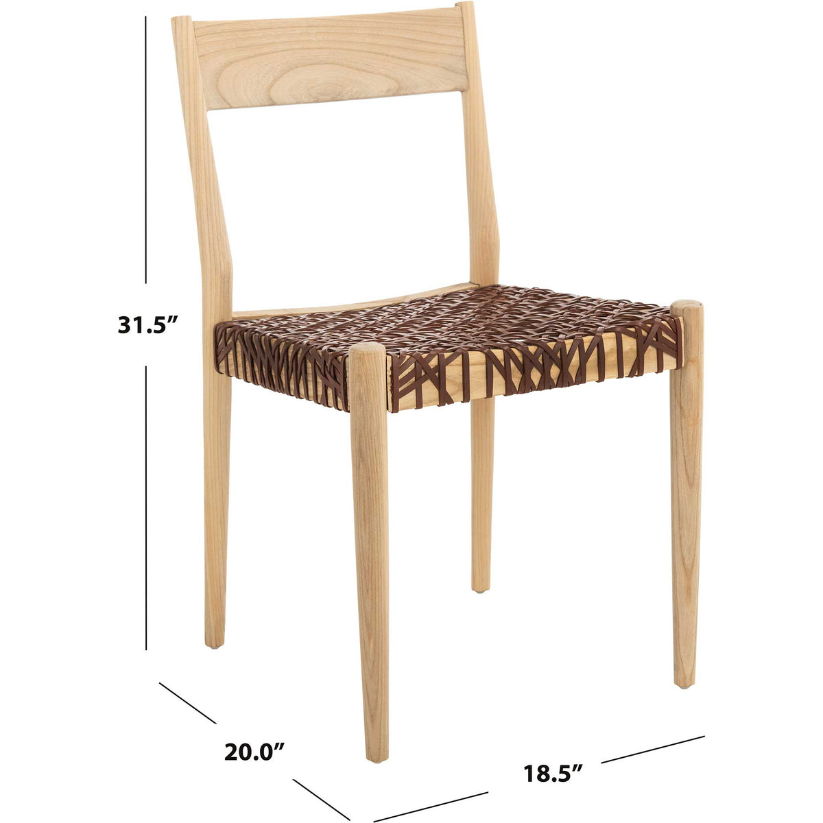 A 31.5-inch-tall wood chair pairs an open back with a cognac woven leather seat