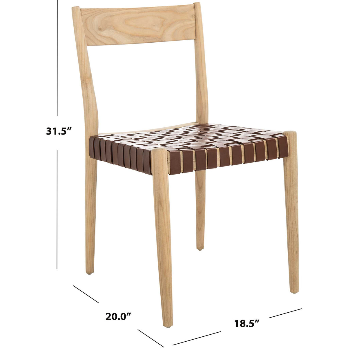 The natural wood dining chair measures 20 inches wide, 18.5 inches deep and 31.5 inches high
