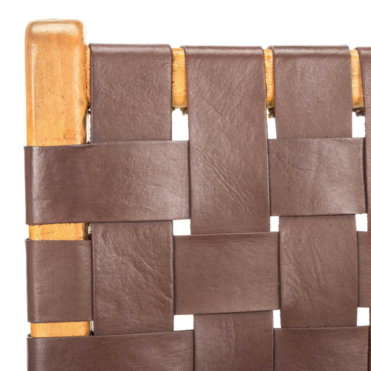 Rich cognac leather straps cross over a smooth natural wood backrest