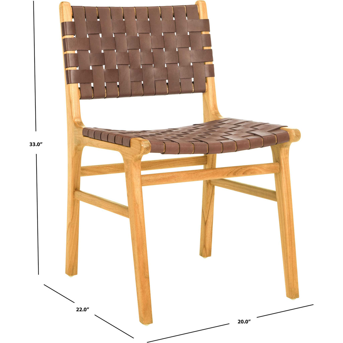 A 33-inch height, 20-inch width, and 22-inch depth define this compact dining chair