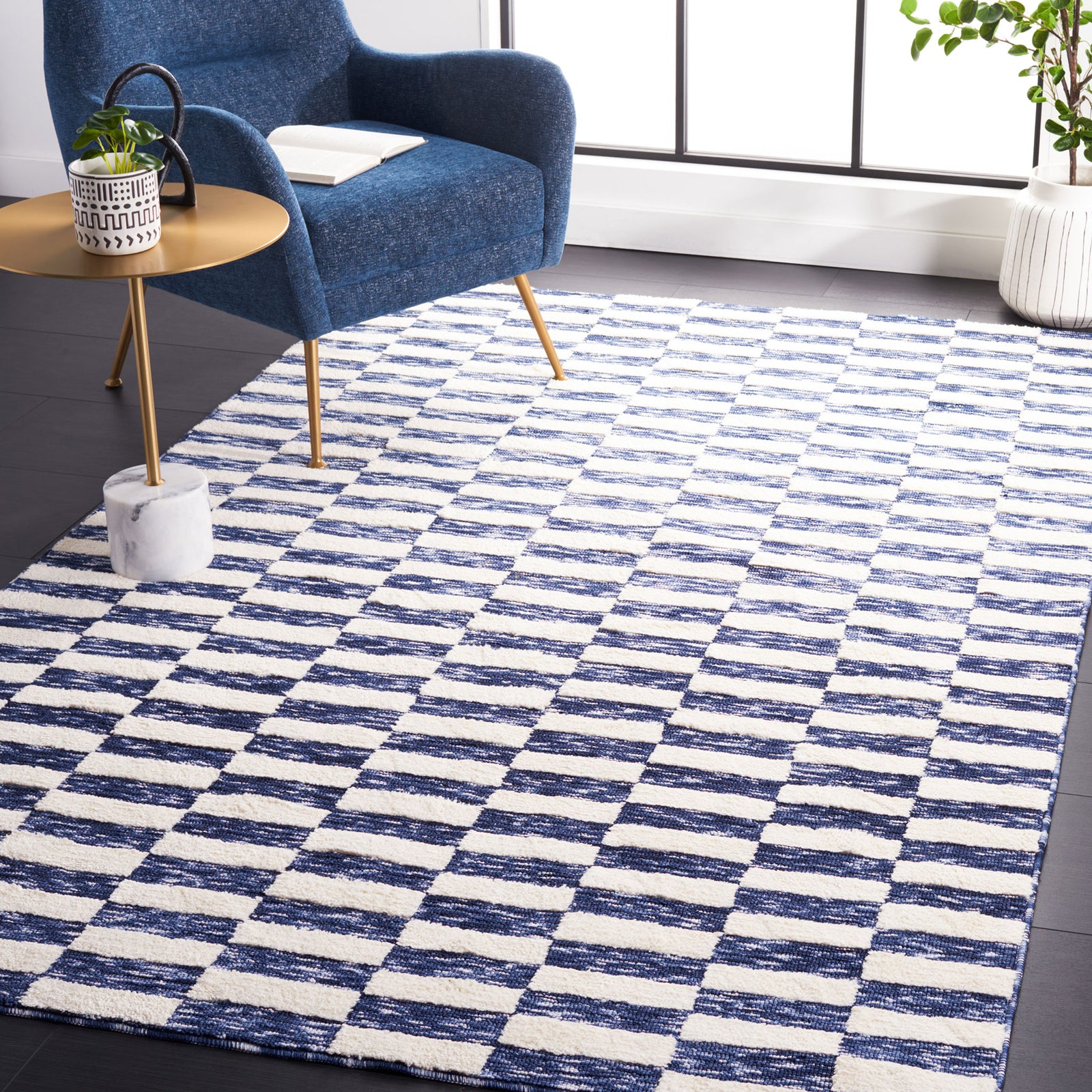 Navy and ivory check rug grounds the space with a modern grid and soft texture || ECR109N-5 || front_angle_room