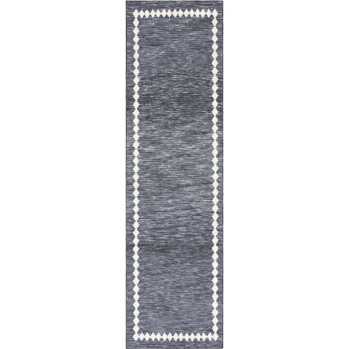 Gray runner rug with ivory geometric border and heathered texture for a clean, modern look || ECR110F-28 || top_studio